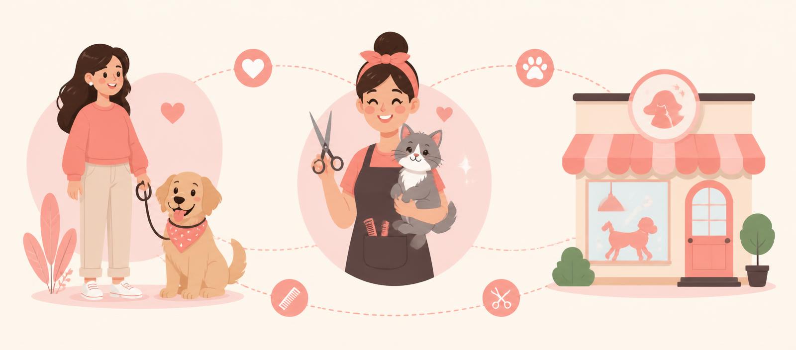 Illustration of a pet owner with a dog, a groomer with a cat, and a grooming shop connected together